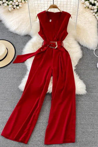 Elegant Office Long Wide Leg Pants With Belt Sleeveless Female Playsuits