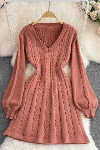 Knitted Elegant Puff Sleeve A-line Short Dress