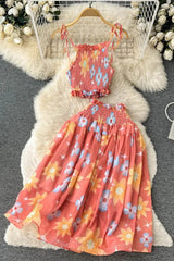 Set Tie Dye Print Short Strap Cami Tops + High Waist Skirts Beach Two Piece Suits