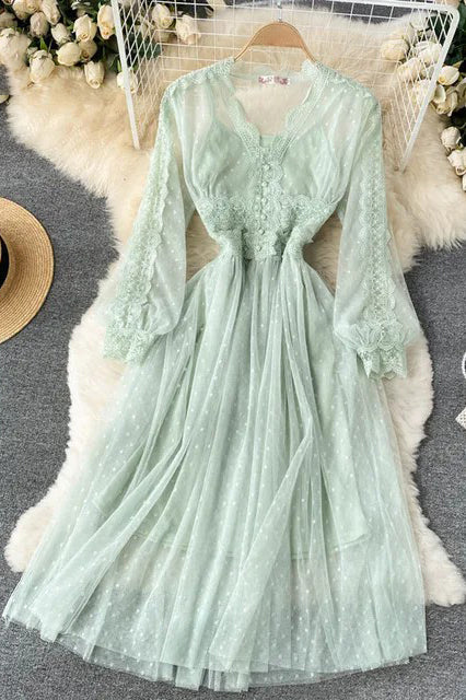 Romantic Lace Two Piece Party Dress Elegant V-neck Long Sleeve Dress
