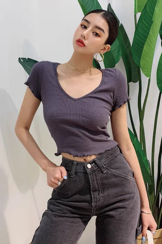 Sexy High Waist Top Elastic Tight V-Neck Short Sleeve T-Shirt