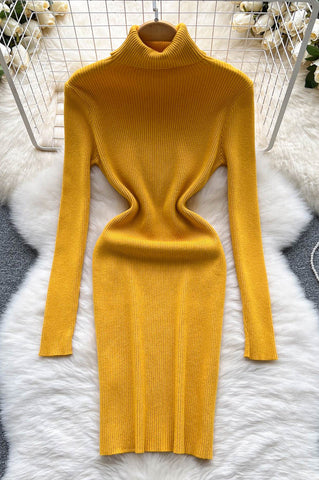 Turtleneck Knitted Dress Long Sleeves Slim Elastic Warm Dress