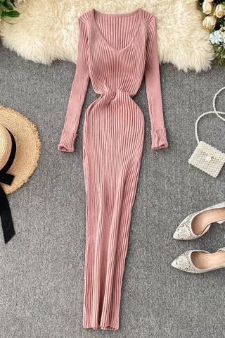 Knitted Dress V Neck Slim Elastic Sweater Dress Knit Warm Long Dress