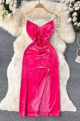 Elegant Pearl Straps Long Party Dress High Split Backless Velvet Bodycon Dress