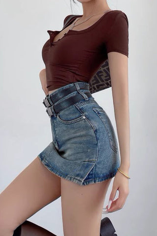 Double Belt High Waisted Buttocks Wrapped Denim Skirt