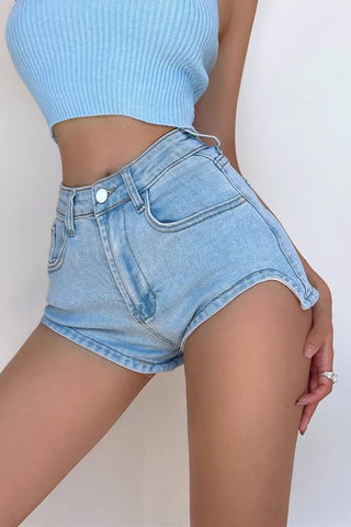 Enge Jeansshorts mit hoher Taille und Wickel-Gesäß