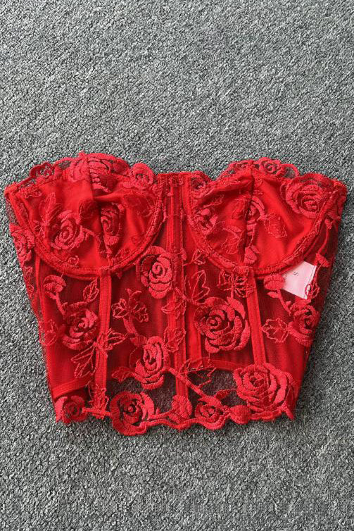 Floral Lace Embroidery Crop Top Patchwork Strapless Bra Bustier Short Tank Top