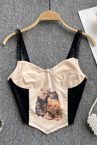 Süßes Camisole mit Katzen-Print, rückenfrei, V-Ausschnitt, Retro-Party, schmales Tanktop für Damen