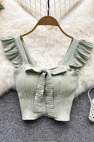 Ruffled Square Neck Sleeveless Bow Elastic Waist Strap Top Ladies Sweet Short Tank Top