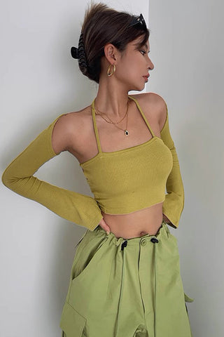 Hanging Neck Strap Tank Top Flare Long Sleeve Off Shoulder Top Two Piece Set