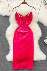 Romantic Pearl Straps Party Dress Elegant High Waist Split Velvet Long Dress