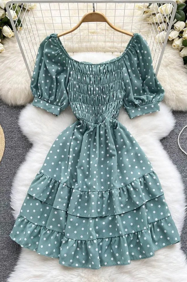 Robe élégante à volants en cascade, robe de soirée courte à pois, manches bouffantes, style vintage