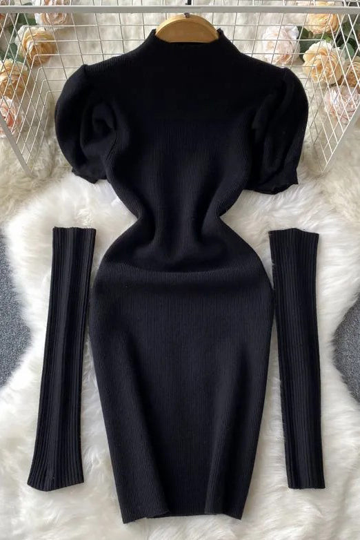 Clothes Puff Sleeve Knitted Bodycon Robe Dresses