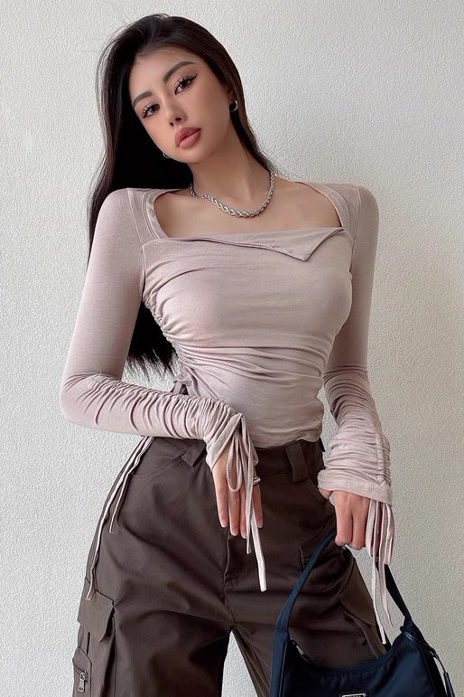 Sexy Drawstring Pleated Long Sleeved Top