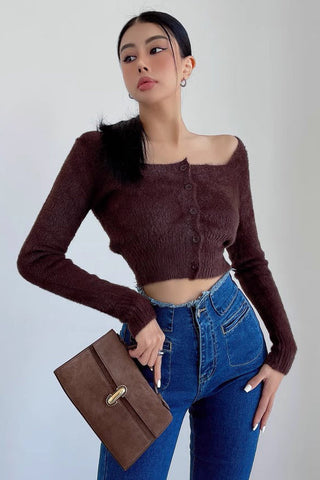 Square Neck Long Sleeved Knit Sweater Top