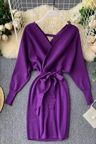 Robe pull tricotée à col en V, élégante, robe bandage pour femme