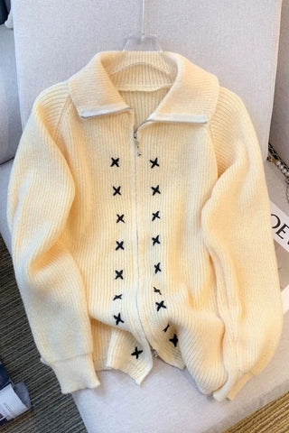 Cardigans Turn-down Collar Long Sleeve Zipper Knitwear Coat Casual Fitted Female Sweaters