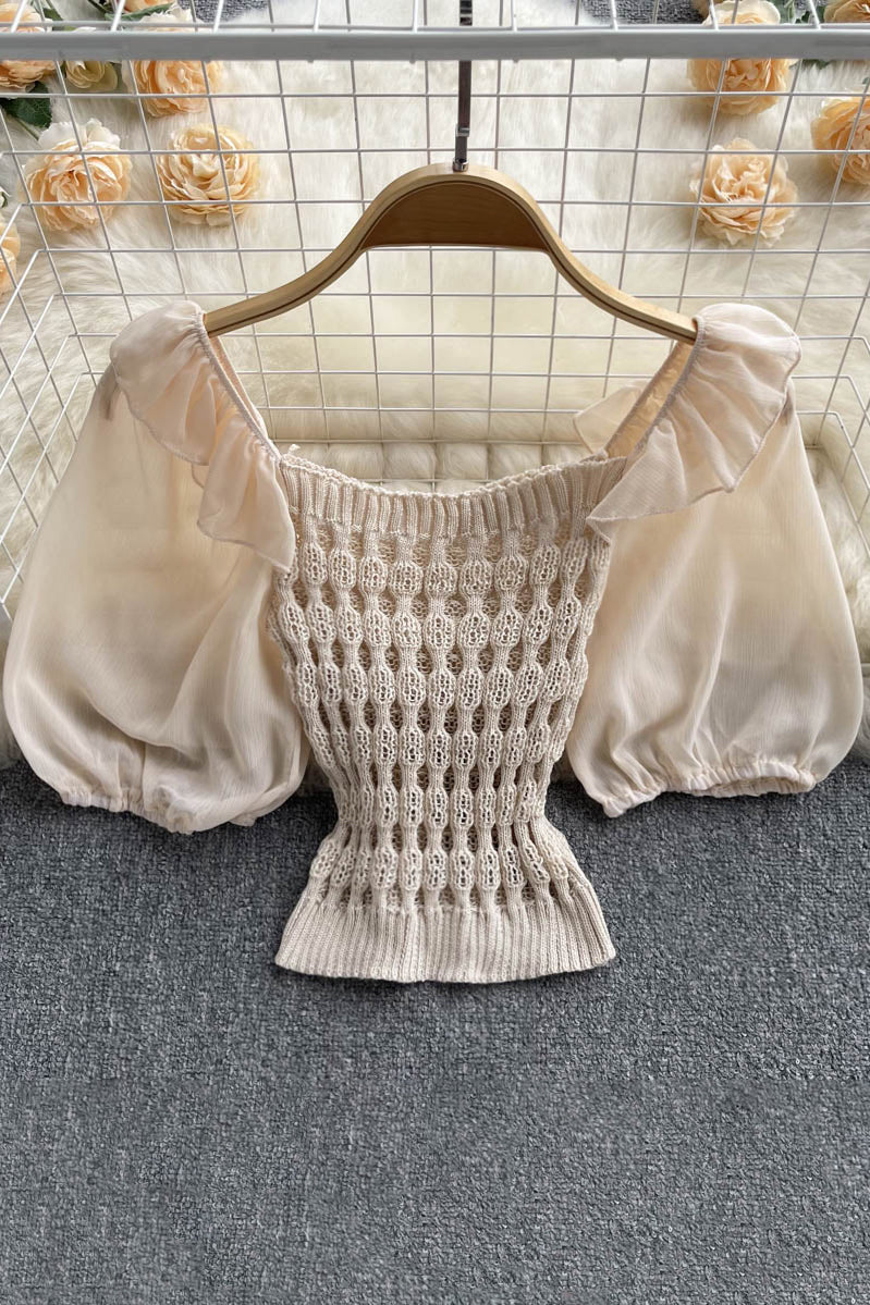 Knitted Spliced Short Blouse Square Collar Ruff Sleeve SheachTop Ladies Elastic Waist Top