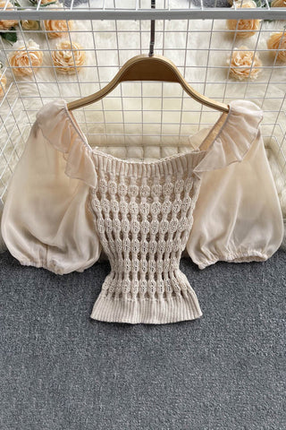 Gestrickte, gespleißte, kurze Bluse mit quadratischem Kragen und Rüschenärmeln, SheachTop, Damen-Oberteil mit elastischer Taille