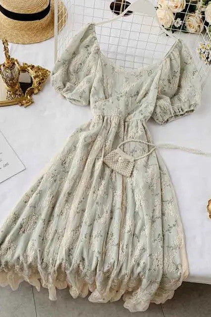 Romantic Lace Embroidery Party Dress Elegant Floral Print Short Puff Sleeve Gothic Dress