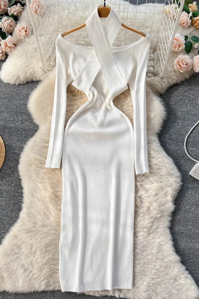 Elegant Cross Knitted Bodycon Dress Slim Elastic Long Sleeve Sweater Dress