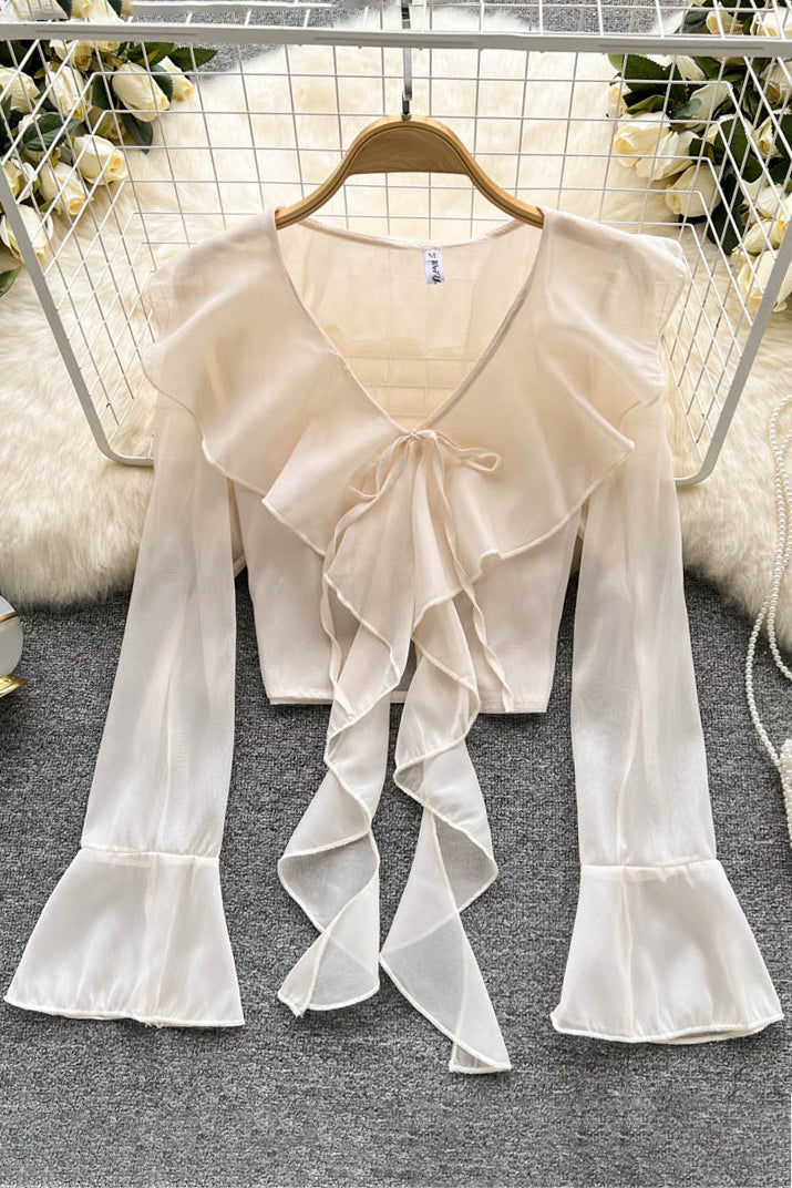 Ruffled Chiffon Blouse Flare Sleeve Transparent Ladies Sunscreen Shirt