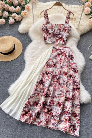 Set Floral Print Pleated Long Skirts + Straps Short Tops Vacation Two Piece Suits