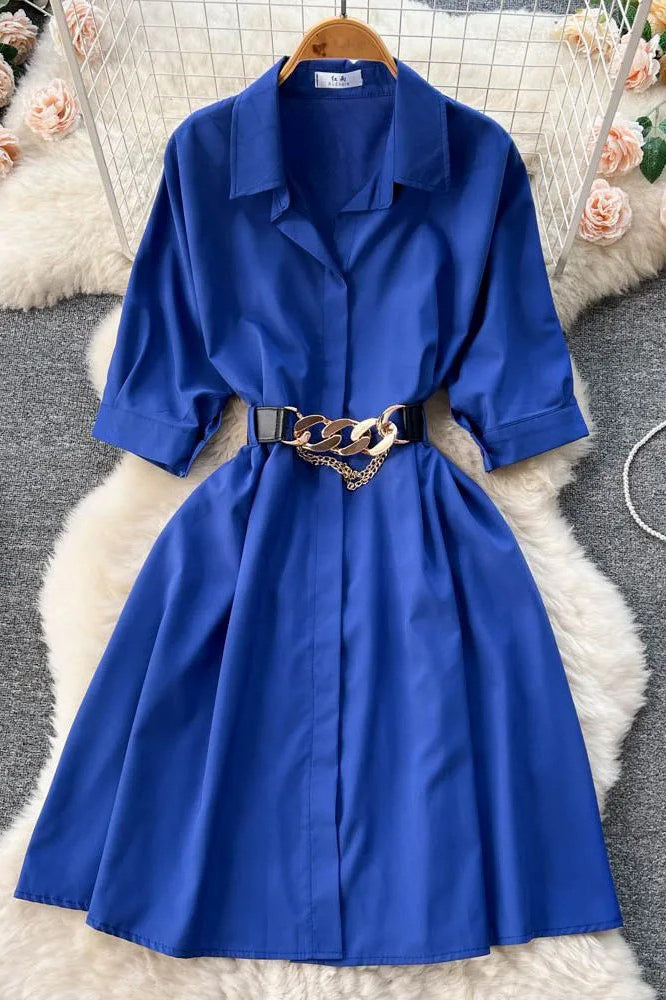 Elegant Vintage Turn-down Collar Casual A-line Shirt Dress