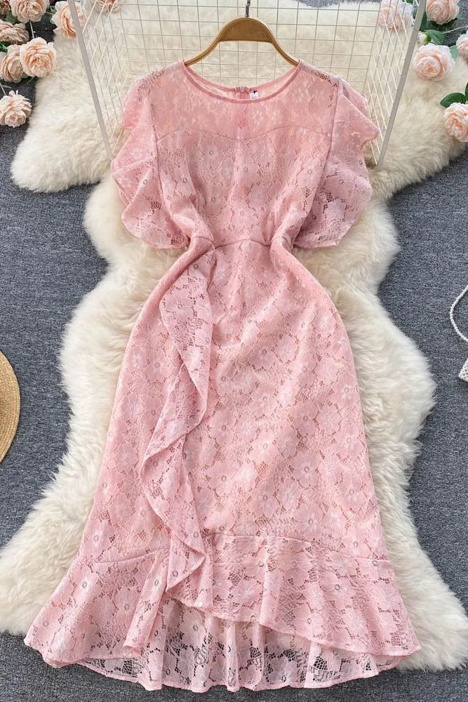 Romantic Lace Embroidery Party Dress Elegant High Waist Ruffles Bodycon Dress