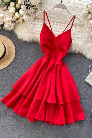 Bow Bandage Beach Dress V-neck Strap Double Ruffles Short Dress