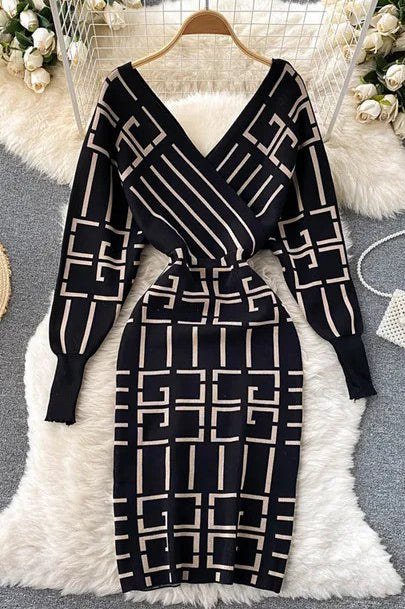 Knitted Dress V-neck Geometric Bodycon Sweater Dress