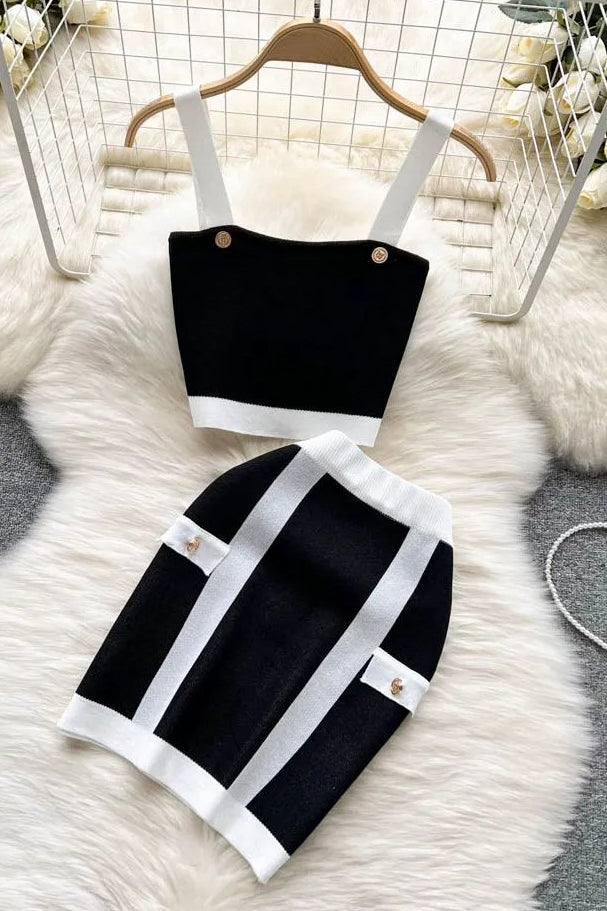 Knitting Two Piece Sets Straps Crop Tops + High Waist Wrap Hips Mini Skirts