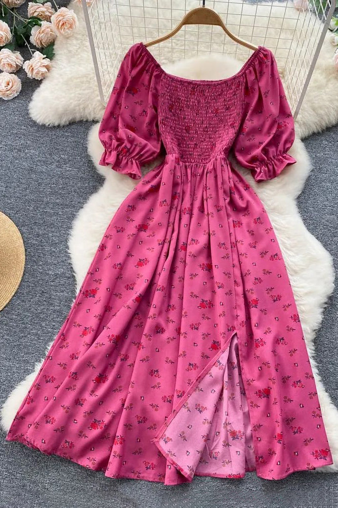 Romantic Floral Print Split Long Dress