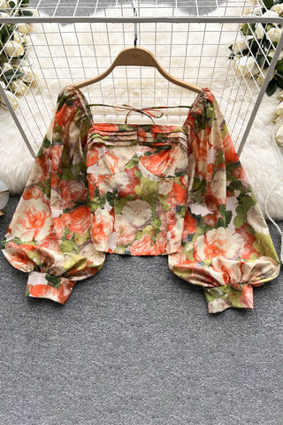 Floral Print Blouse Square Neck Long Lantern Sleeves Top Ladies Beach Vintage Blouse