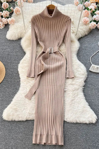 Elegant Turtleneck Knitted Sweater Dress with Belt Lady Wrap Hips Bodycon