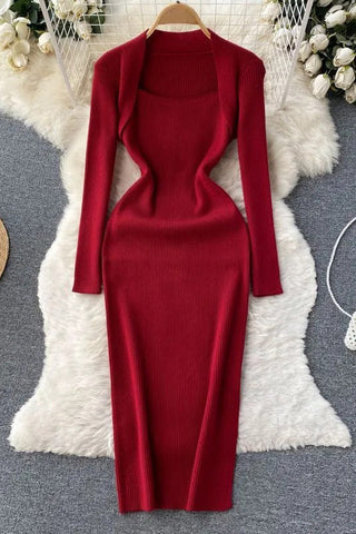 Elegant Square Collar Knitted Bodycon Long Dress