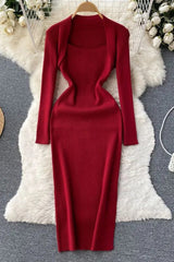 Elegant Square Collar Knitted Bodycon Long Dress