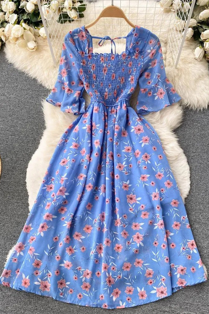 Romantic Floral Print Chiffon Dress Vacation Party Dress