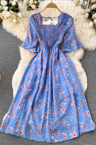 Romantic Floral Print Chiffon Dress Vacation Party Dress