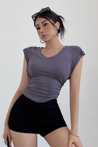 Short Sleeve V-Neck Waistband T-Shirt Top