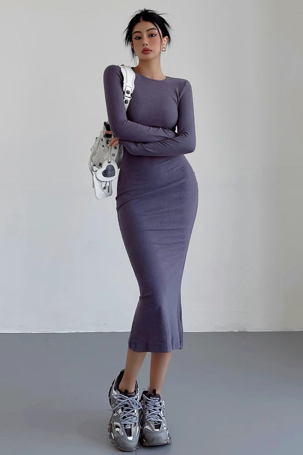 Sexy Round Neck Long Sleeved Buttocks Wrapped Fishtail Dress