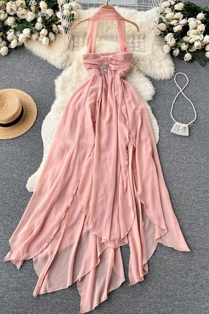 Robe longue de vacances en mousseline fendue irrégulière pour femme