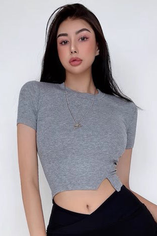 Round Neck Short Sleeve T-Shirt Small Split Crop Shirt Top Tee