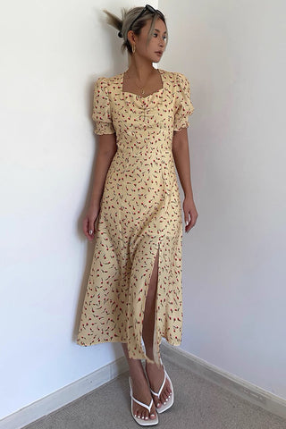 Square Neck Split Yellow Floral Dress