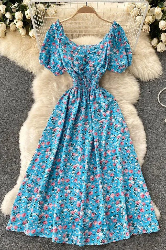 V-Neck Puff Sleeve Floral Print Elastic Corset Dress