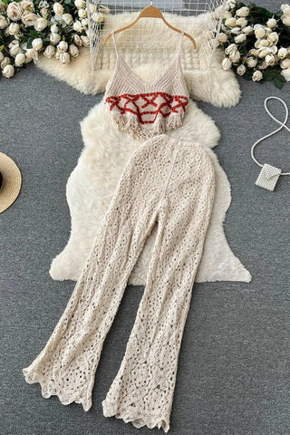 Urlaub Strand Gestrickte Camis Crop Tops + Hohe Taille Lange Hosen Urlaub Zwei Stück Anzüge