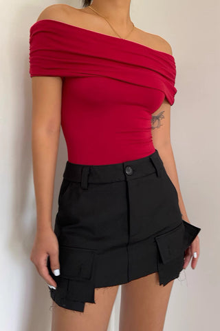 Off Shoulder Pleated Short Sleeved T-Shirt