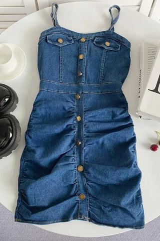 Slim Waist Denim Dress Single-breasted Strap Ruched Bodycon Dress