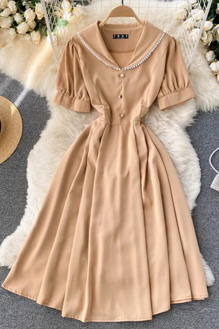 Elegant V-neck Buttons Midi Dress Short Sleeve Female Party Dress