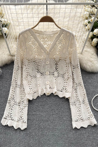 Sunscreen Floral Cardigans V Neck Long Sleeves Loose Knitted Top Beach Vacation Blouse